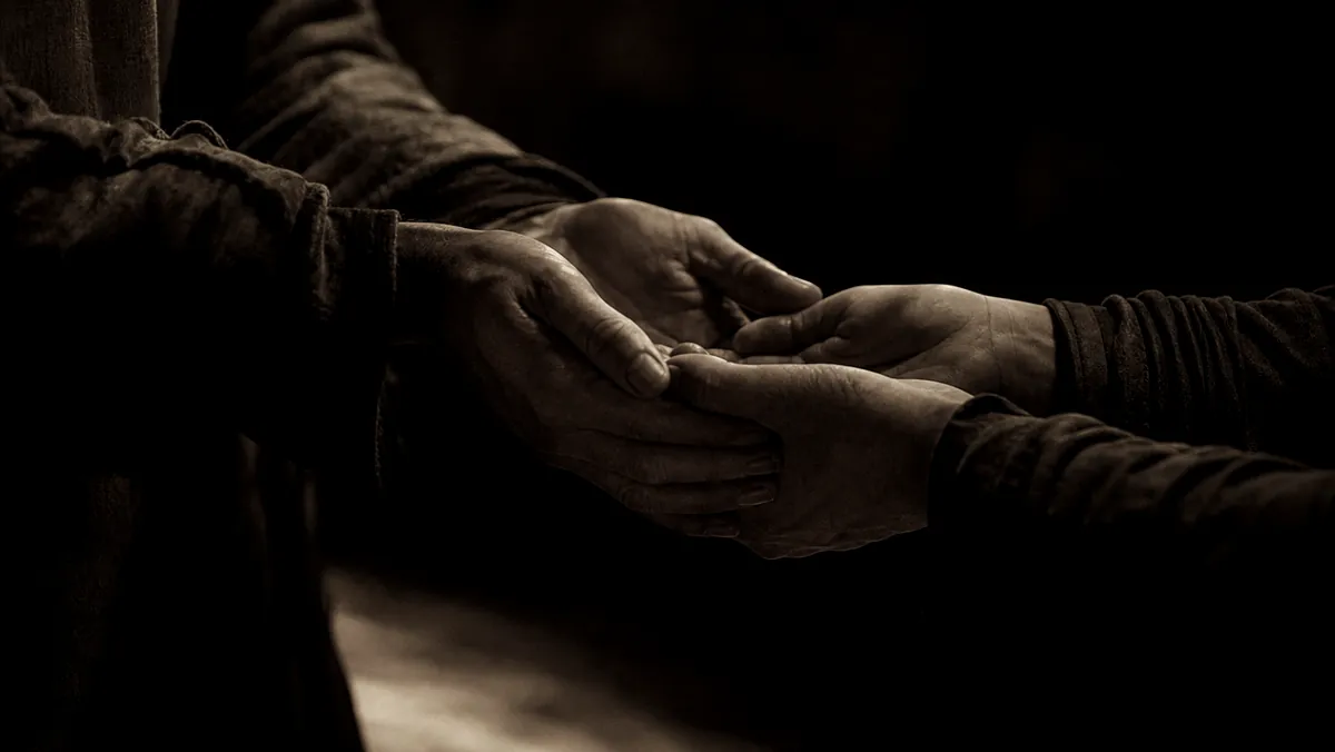 Two people holding hands in a grounded practice of care.